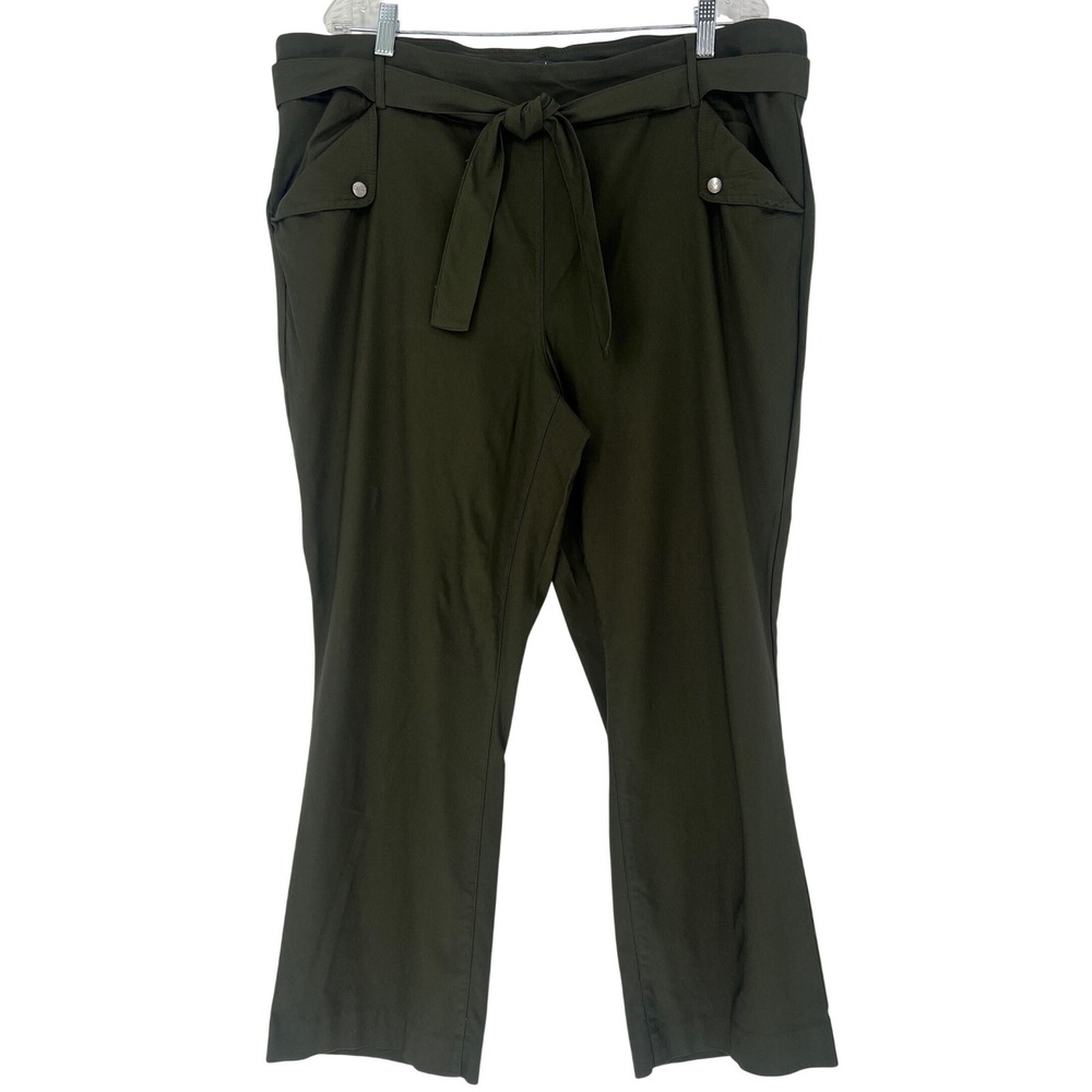 Nicole Miller Pants Women 2X Olive Green Tie Waist Cropped Stretch Career Casual